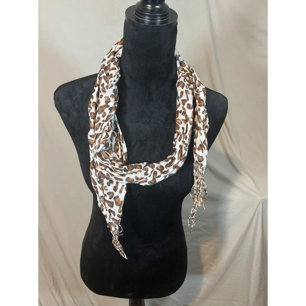 Unbranded Leopard Print Lightweight Scarf Brown White Animal Pattern Fringe Trim